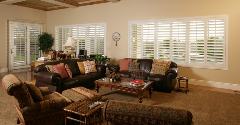 Atlanta family room with french door shutters.